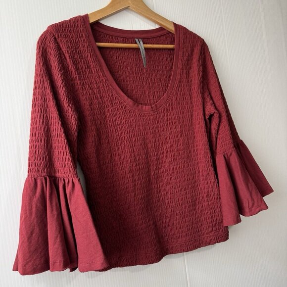 Anthropologie Smocked Bell Sleeve Top Shirt Blouse Wine Red Burgundy Sz Small - Picture 12 of 15